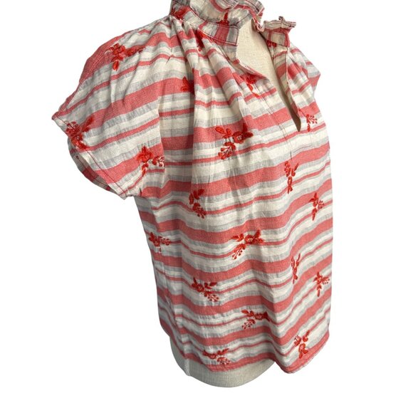 Never A Wallflower S Red & White Striped Embroidered Floral Cotton Top Ruffled C - Picture 3 of 8